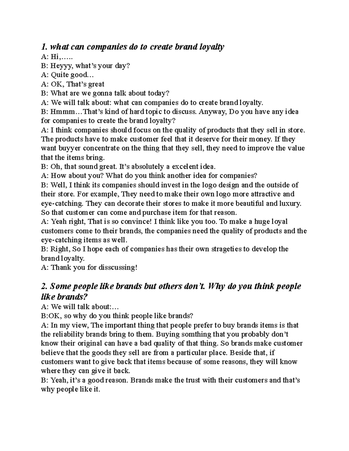Speaking conversation - 1. what can companies do to create brand ...