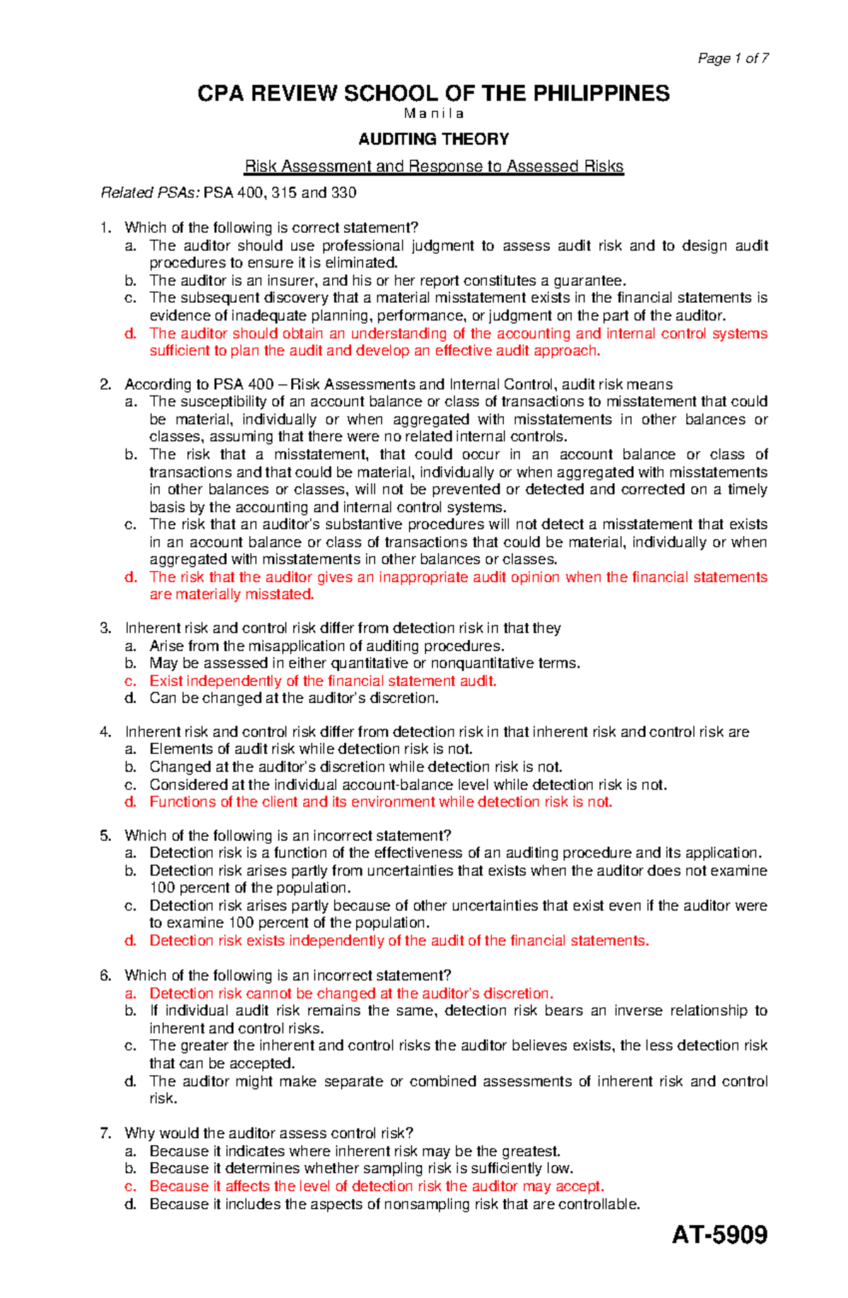 CPA 400, 315, 330 Auditing Theory: Risk Assessment & Responses - Studocu