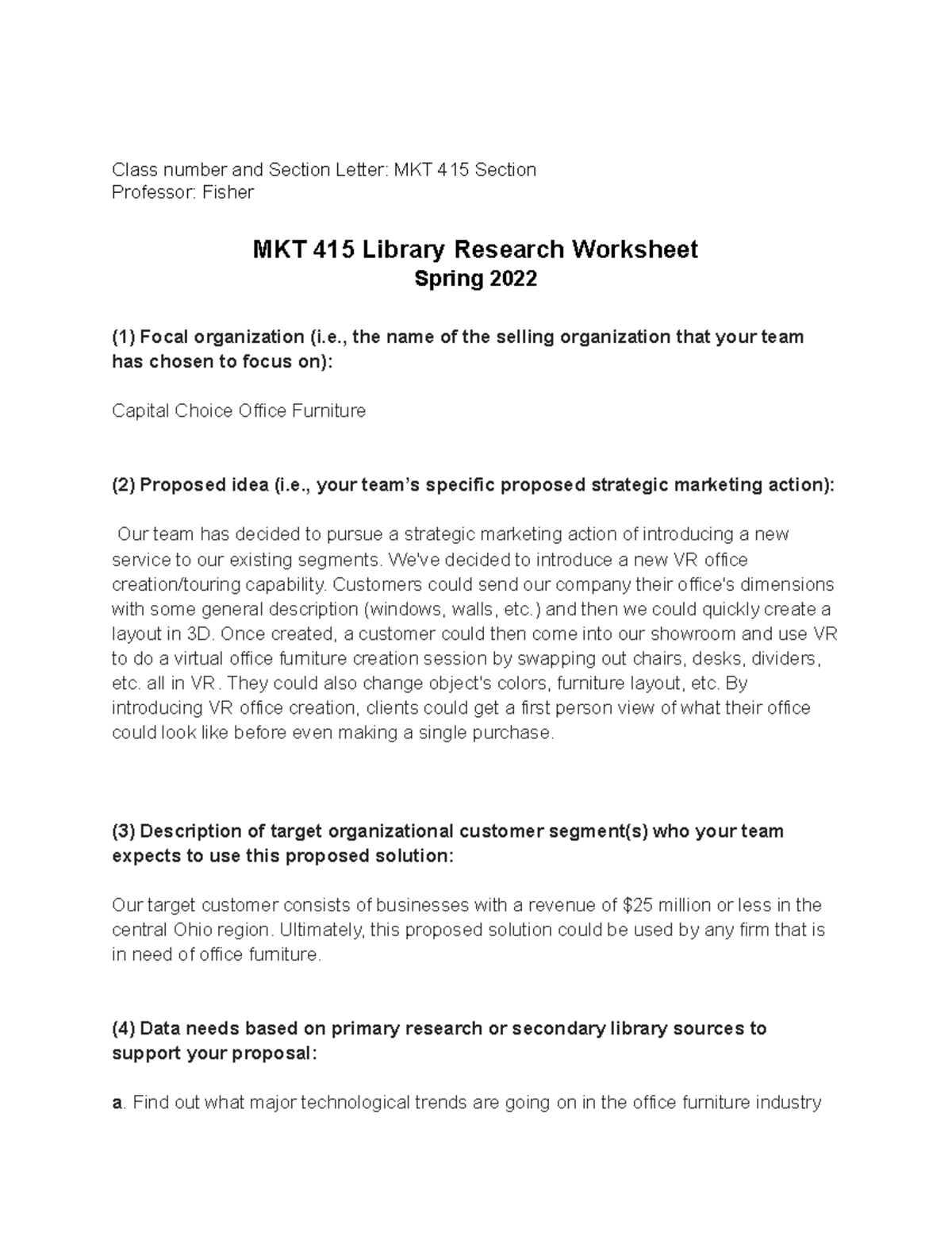 Library Sheet - Class number and Section Letter: MKT 415 Section ...