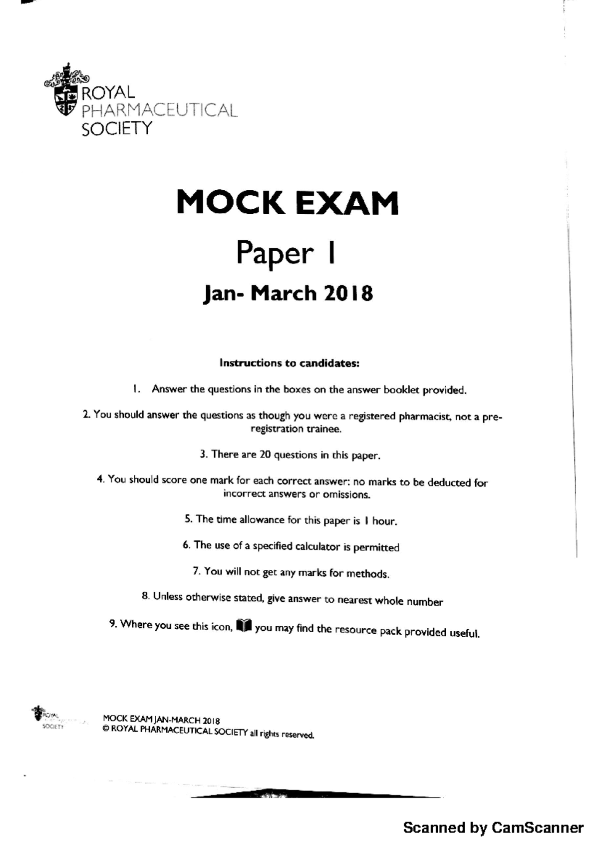 RPS Mock Exam Paper I - March 2018: Calculation Questions & Answers ...