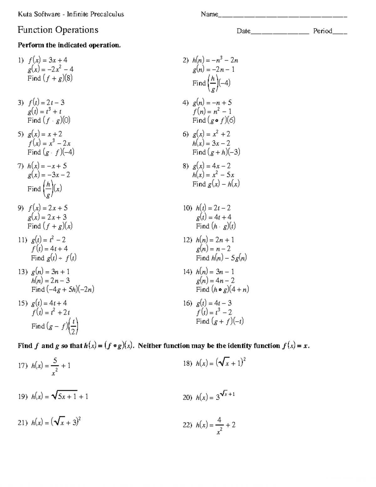 01 - Function Operations worksheets with solution key - bs ...