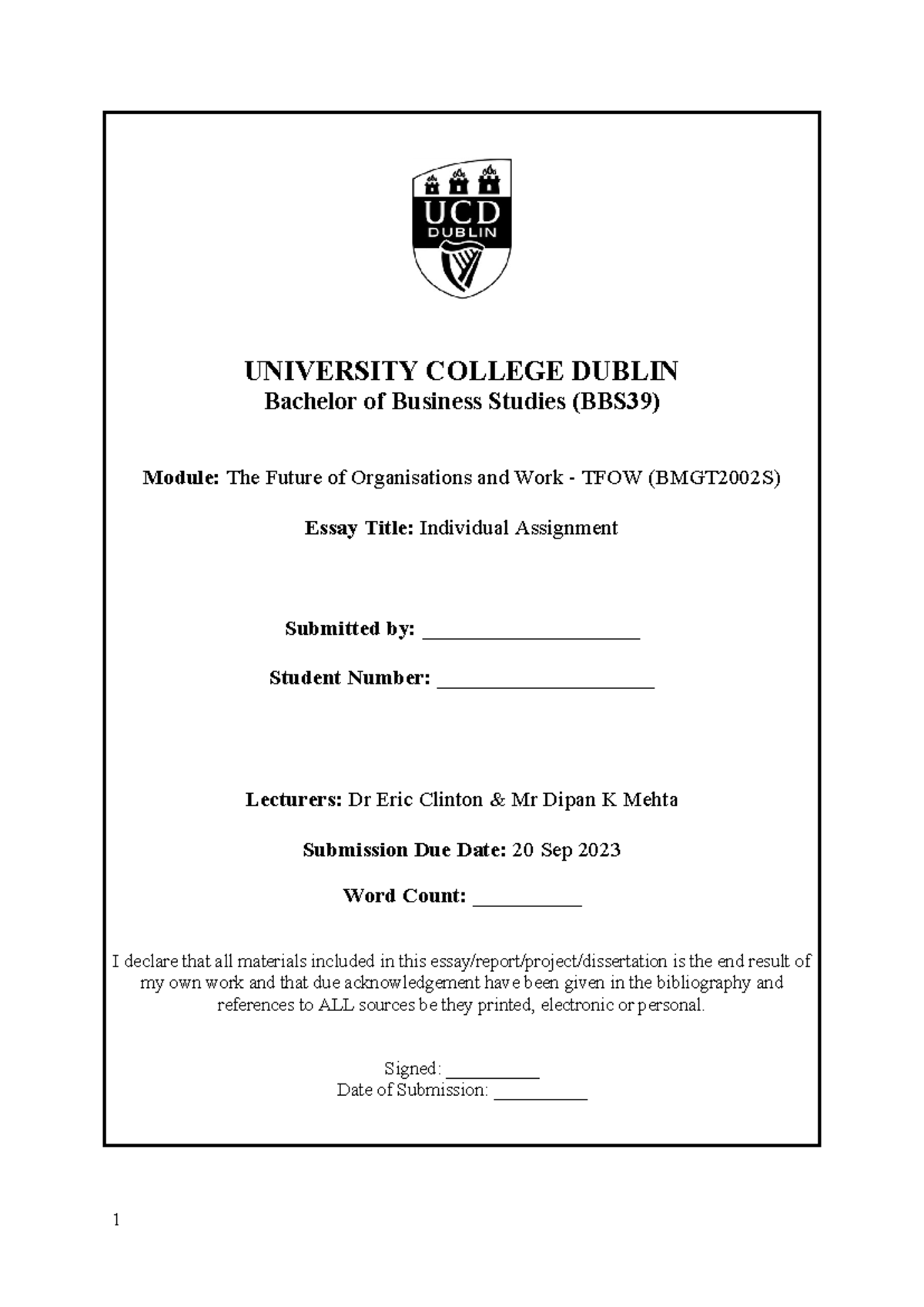 TFOW Individual Assignment Template - UNIVERSITY COLLEGE DUBLIN ...