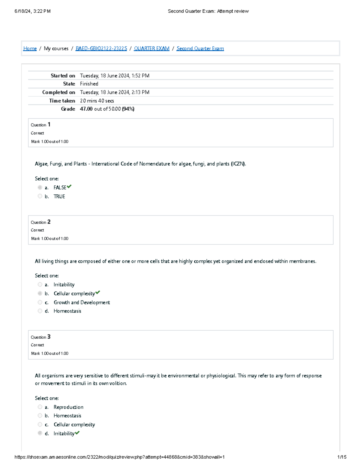 BAED-GBIO2122-2322S - Second Quarter Biology Exam Review - Document Preview