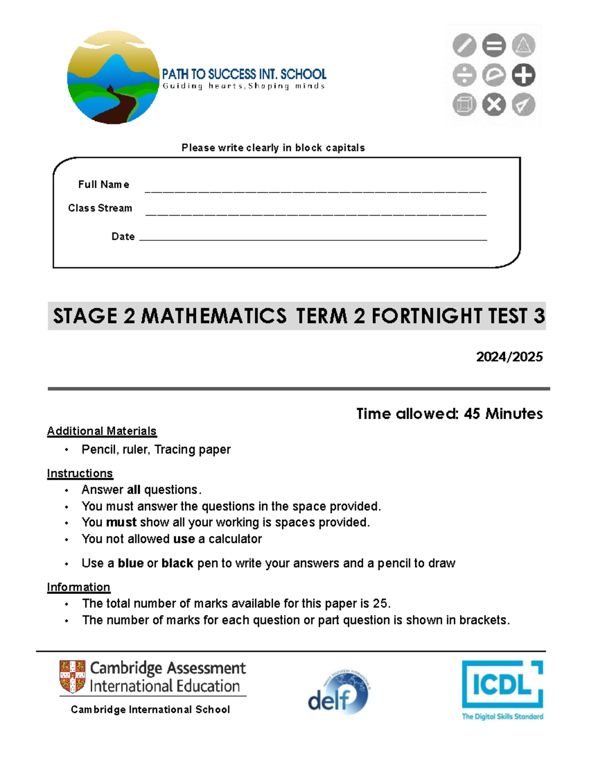 Stage 2 Mathematics Term 2 Fortnight Test 3 - Grade 2 - Studocu
