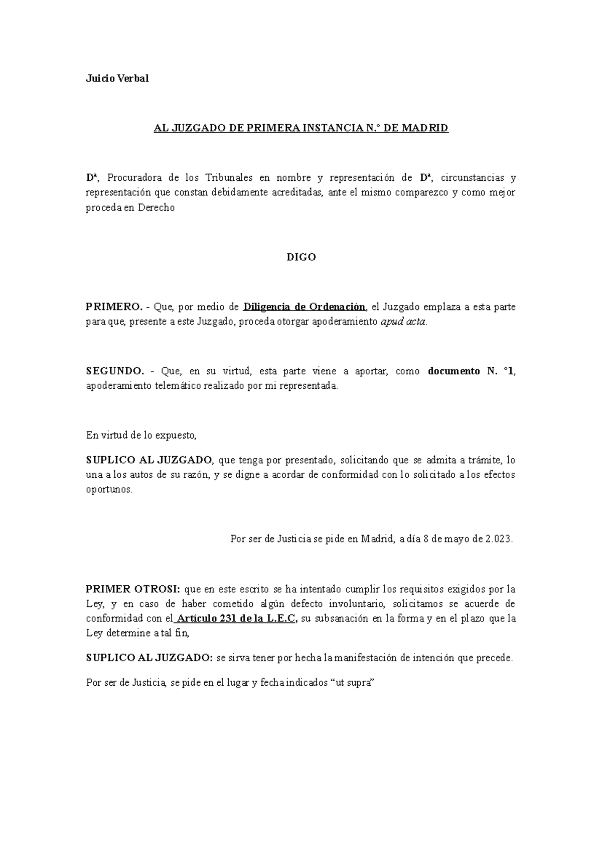Modelo Escrito para Presentar Apoderamiento - Juicio Verbal - Studocu