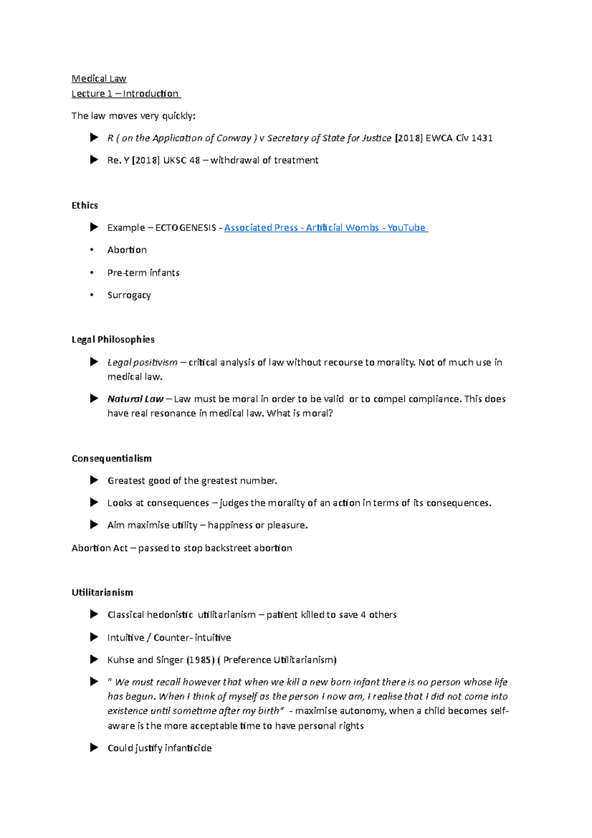 Medical Law Lecture Notes: Ethics, Autonomy, and Legal Principles - Studocu