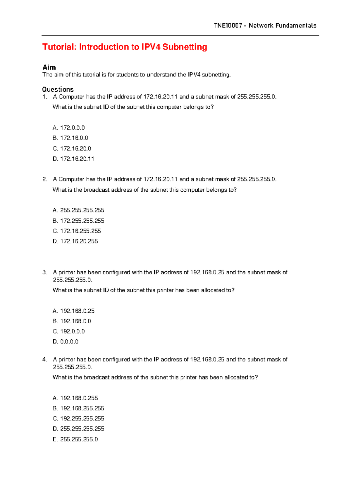 TNE10007 Tutorial: Understanding IPV4 Subnetting Concepts - Studocu