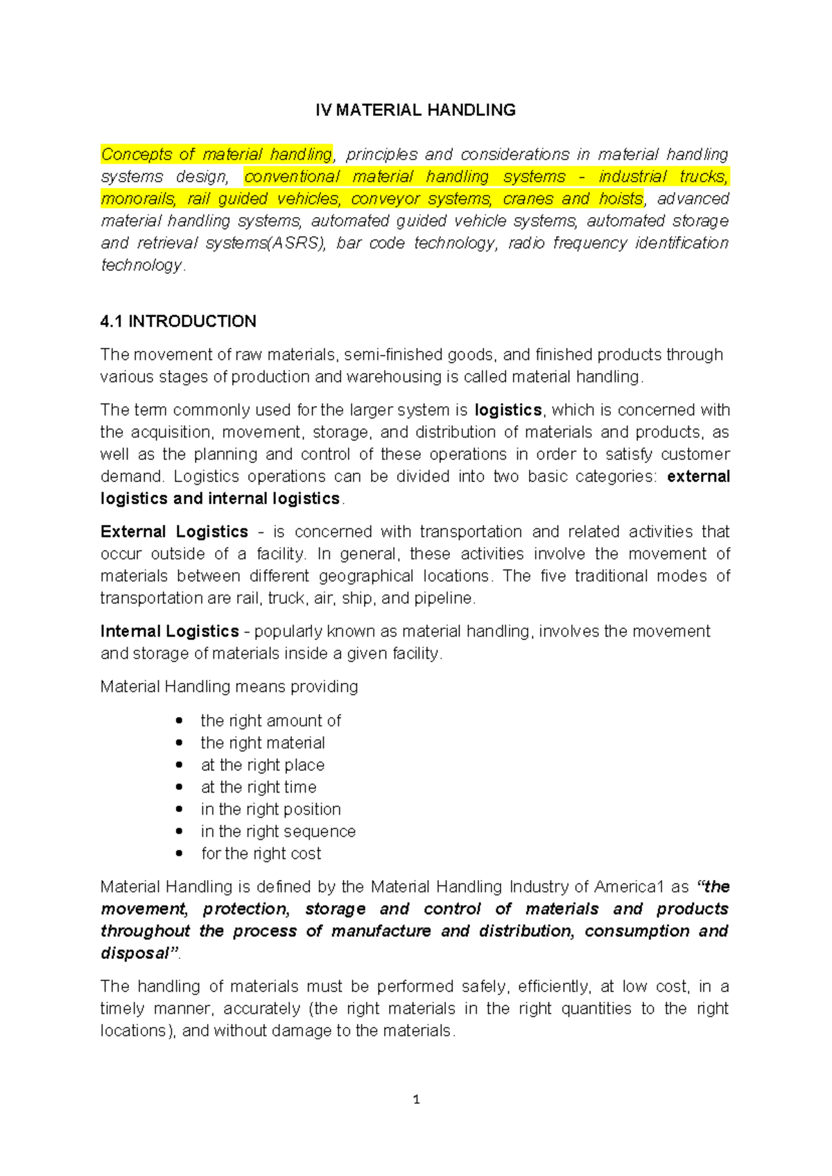 Material Handling System: Equipment and Principles Overview - Studocu