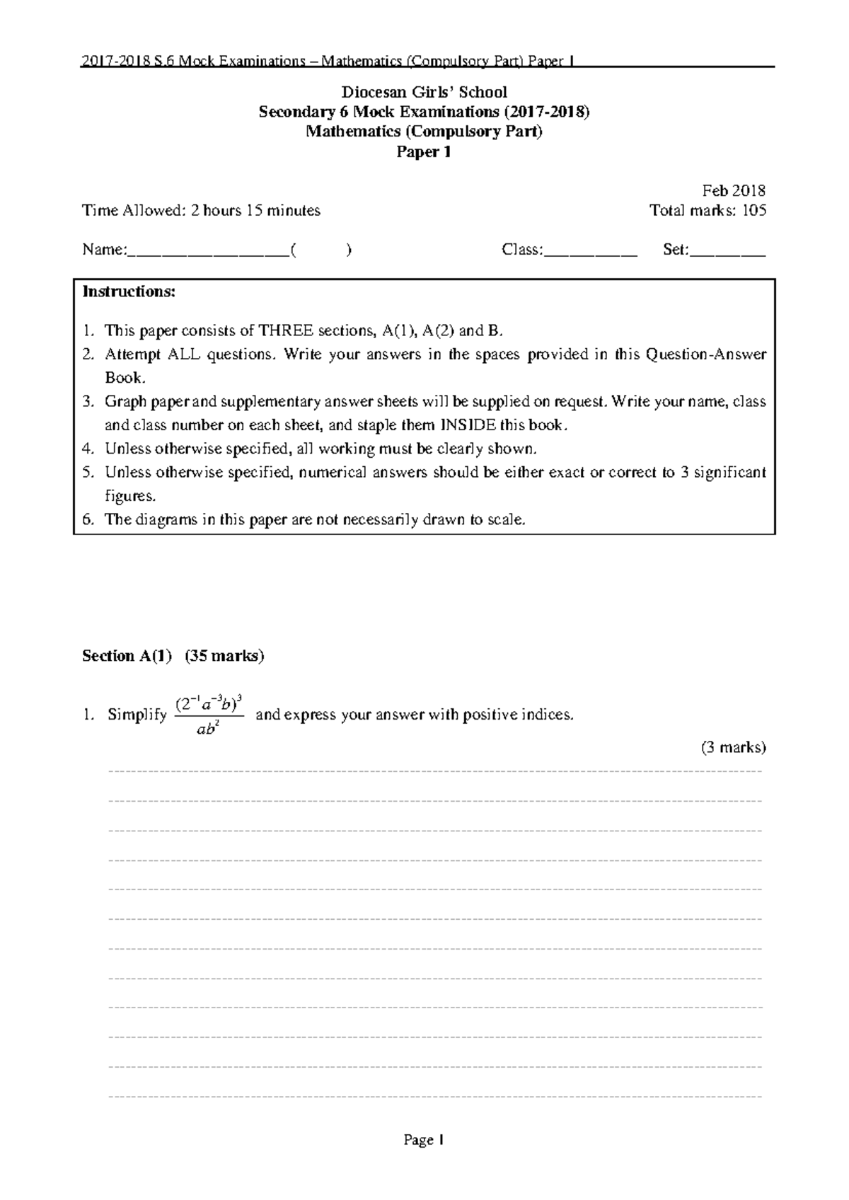 2017-18 S6 Maths (Compulsory) Mock Exam Paper 1 Overview & Instructions -  Studocu
