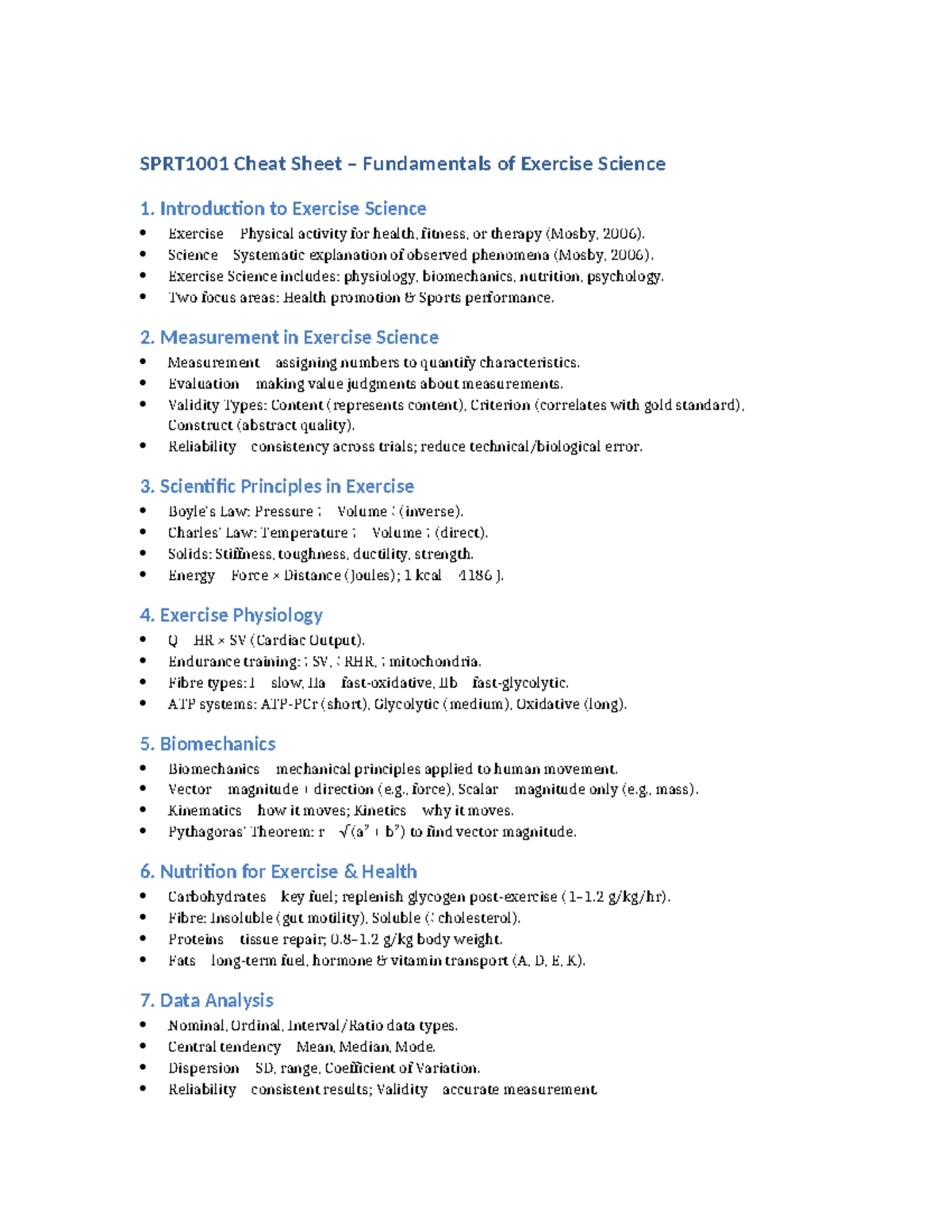 SPRT1001 Cheat Sheet: Key Concepts in Exercise Science Fundamentals ...