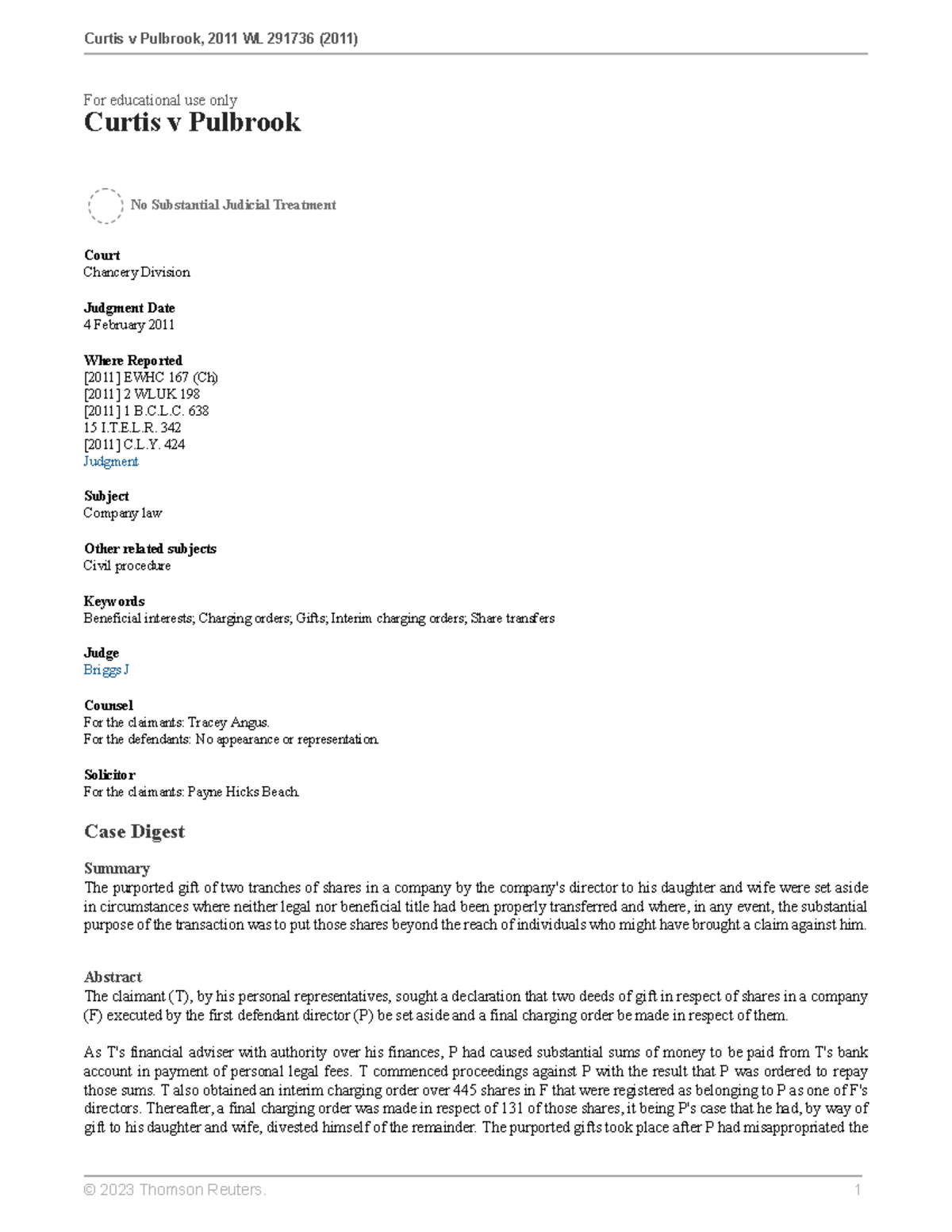 Curtis v Pulbrook - Case Summary & Analysis in Company Law - Studocu
