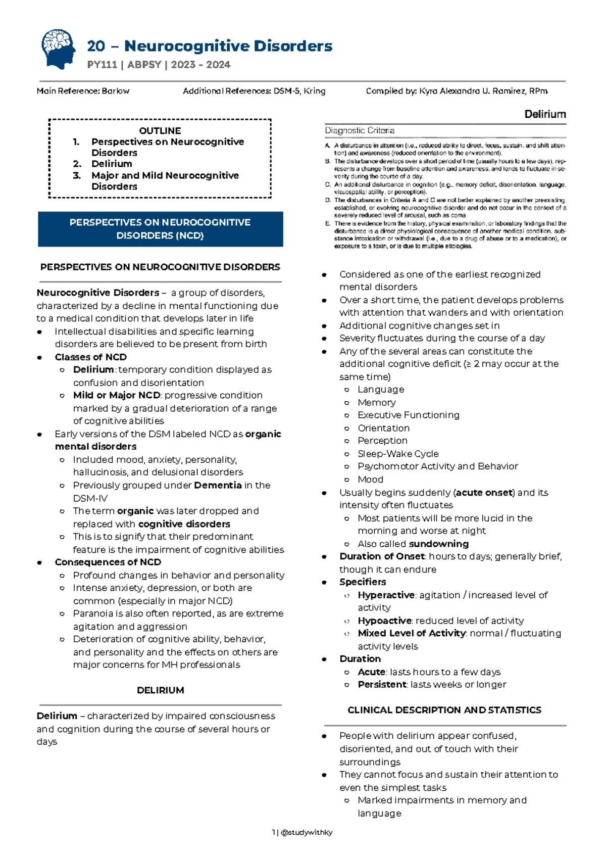 20 PY111 ABPSY - Neurocognitive Disorders Overview and Insights - Studocu