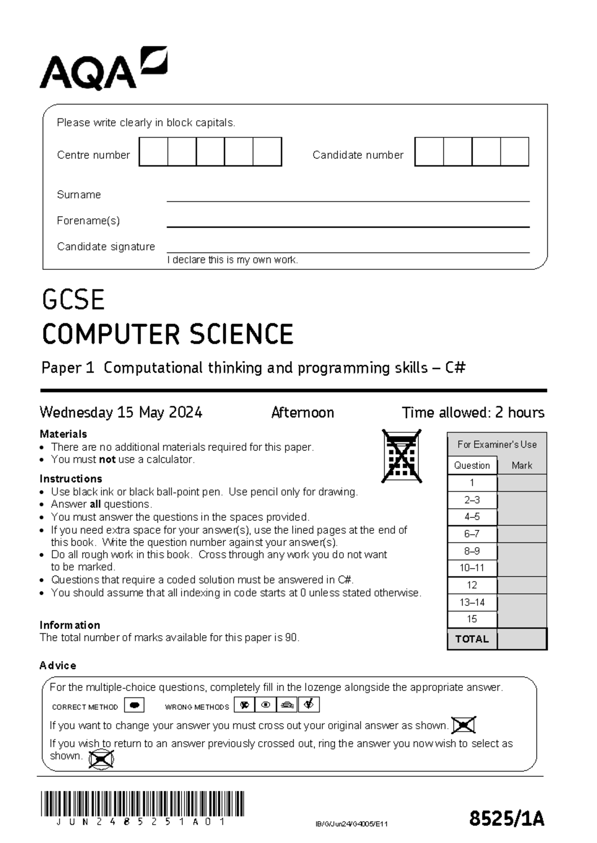 GCSE COMPUTER SCIENCE Paper 1A: Computational Thinking & Programming ...