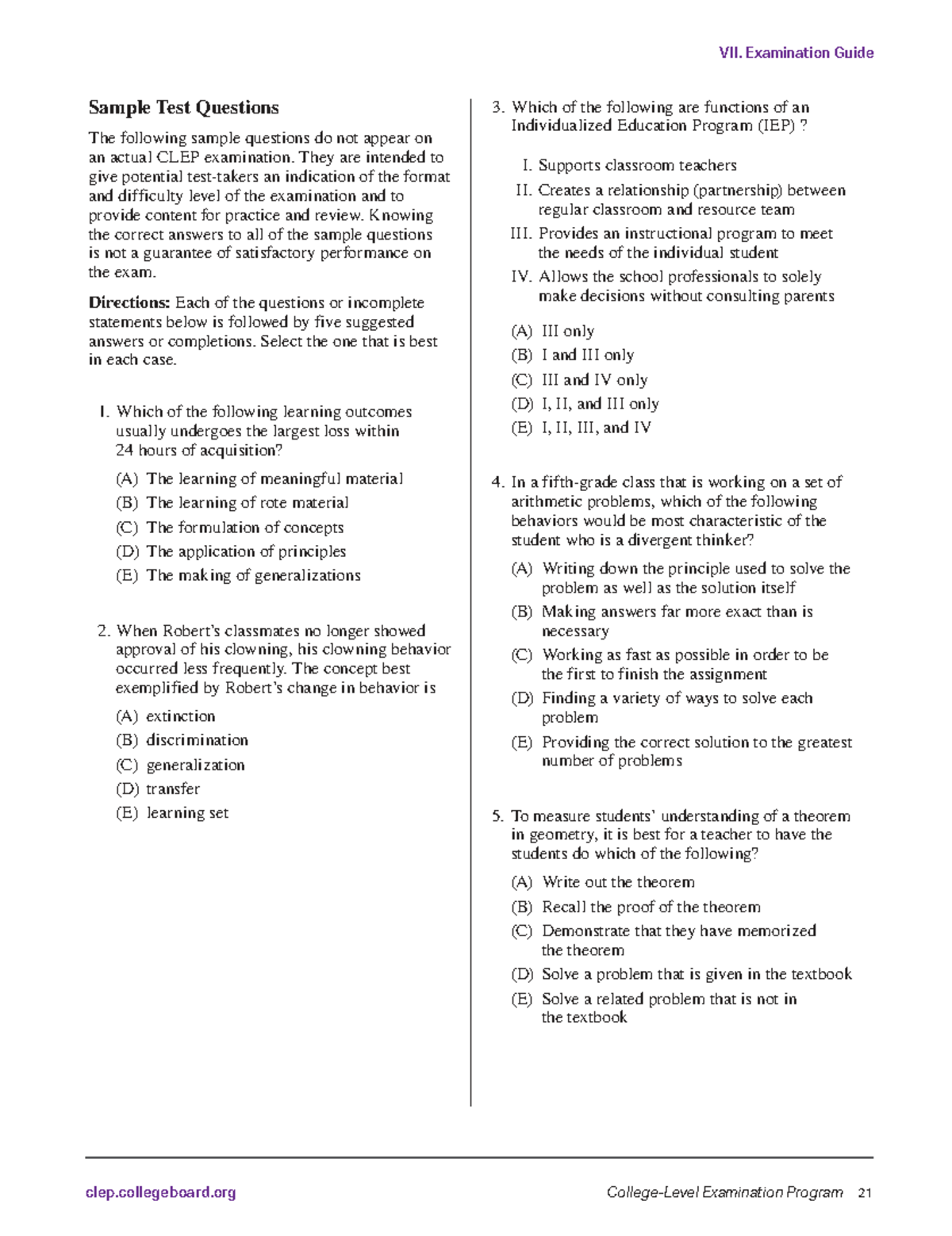 Introduction to Educational Psychology - CLEP Exam Sample Questions ...