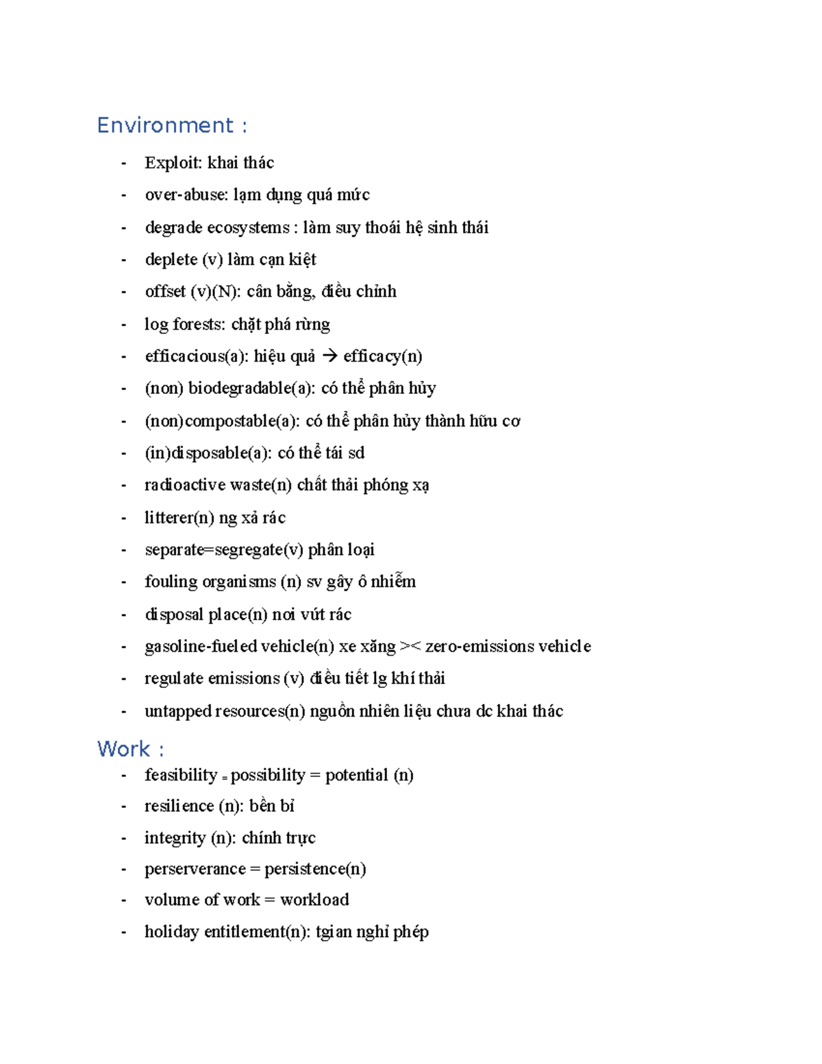 Vocabulary for Environment and Work Concepts - áCvd - Studocu