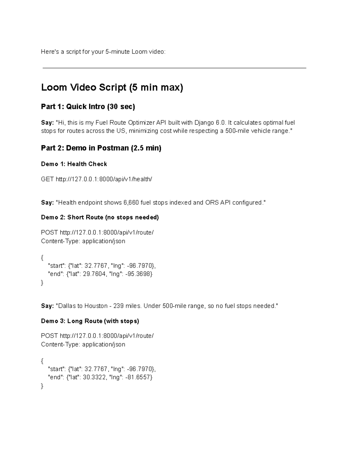 Loom Video Script for Fuel Route Optimizer API (Django 6.0) - Studocu