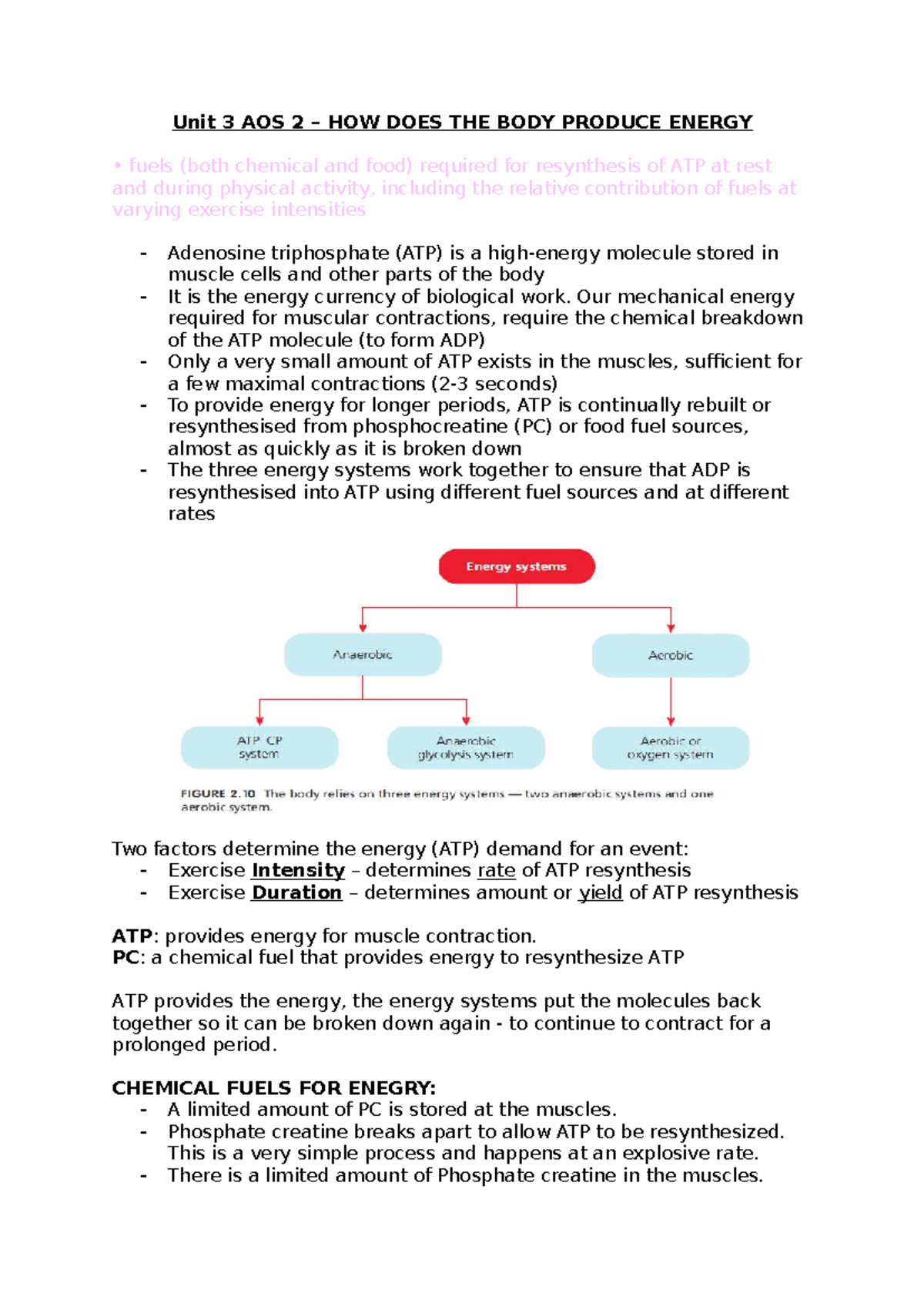 Unit 3 AOS 2 Energy Systems: ATP Production & Fuel Sources During ...