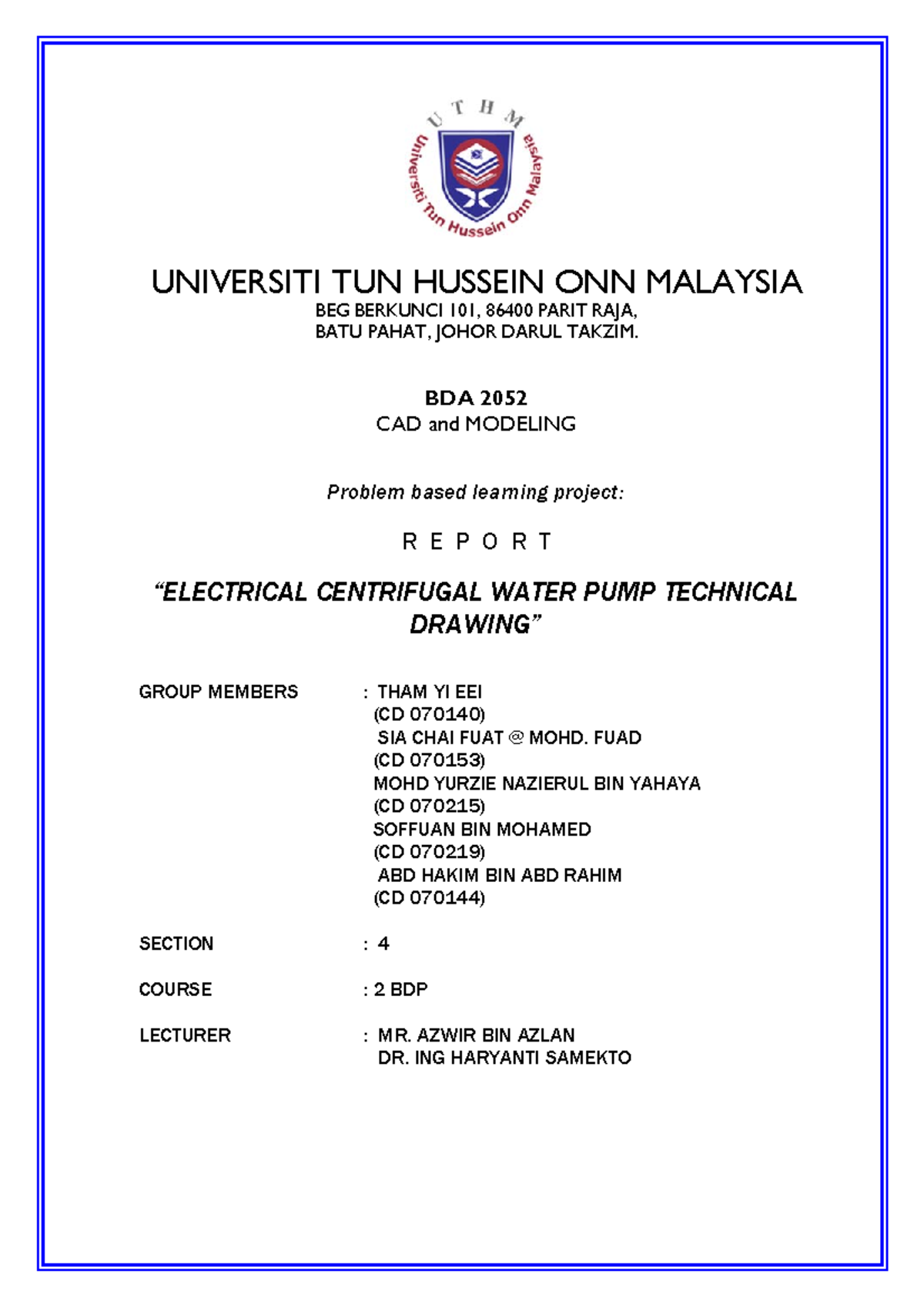 BDA 2052: Final Project Report on Centrifugal Water Pump Design - Studocu