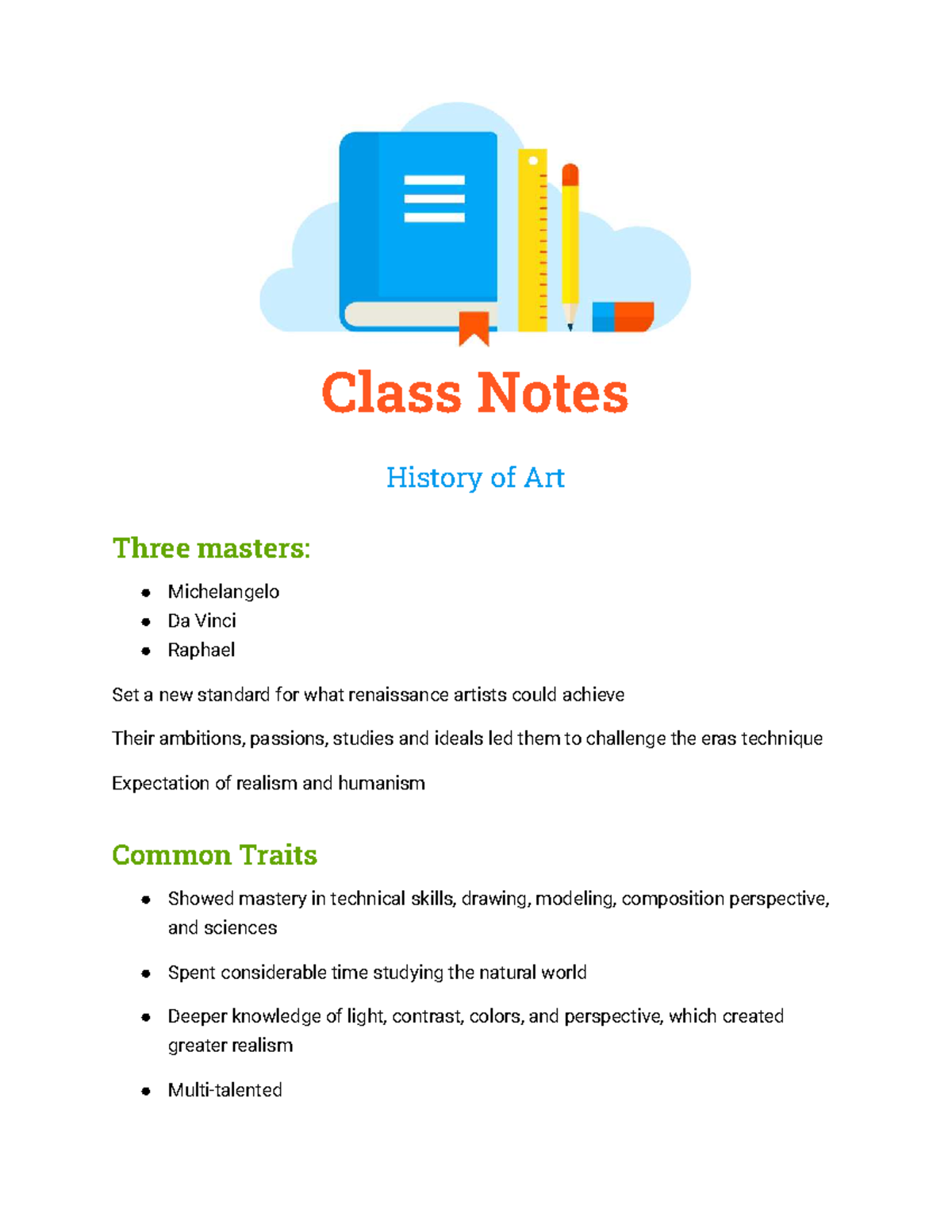 History of Art Class Notes: Michelangelo & Da Vinci Analysis - Studocu