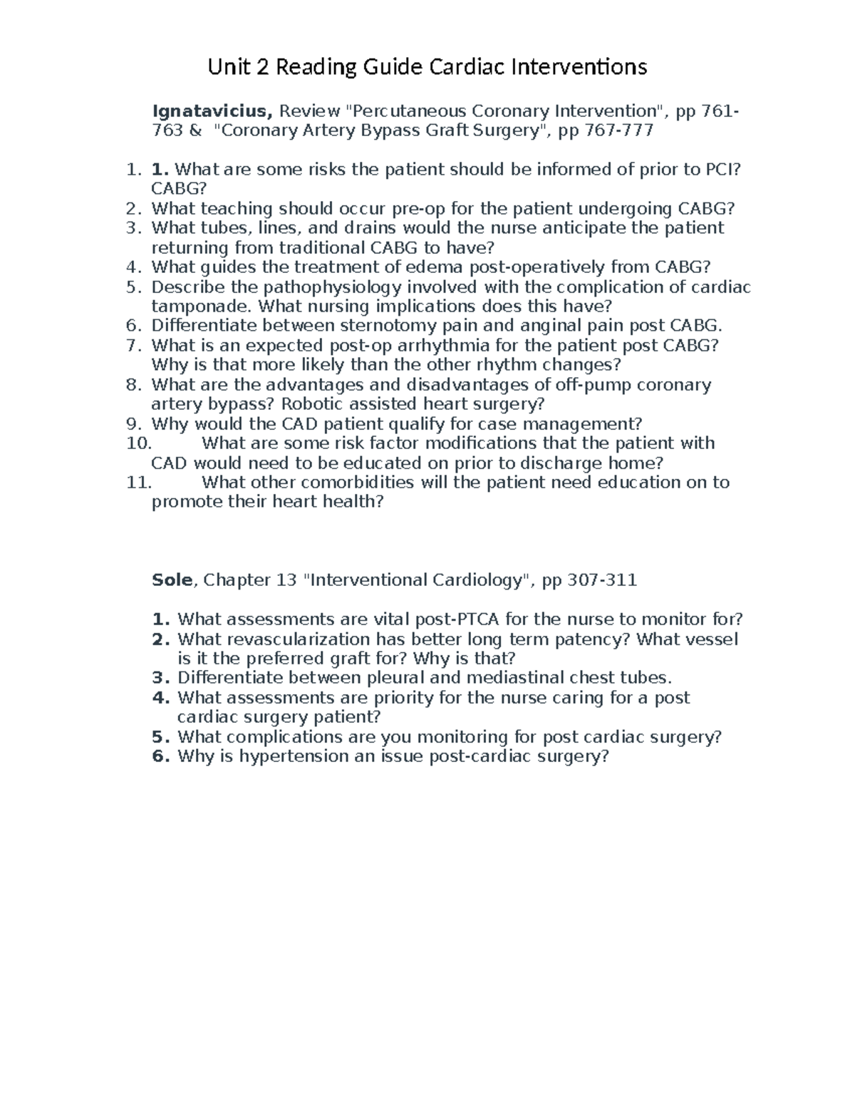 Unit 2 Cardiac Interventions Reading Guide: PCI & CABG Guidelines - Studocu