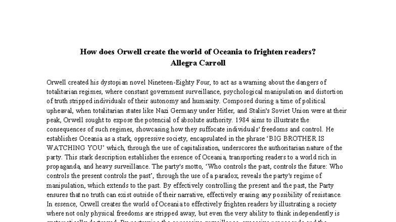 English Essay Analysis: Dystopian Themes in 1984 by Orwell - Studocu