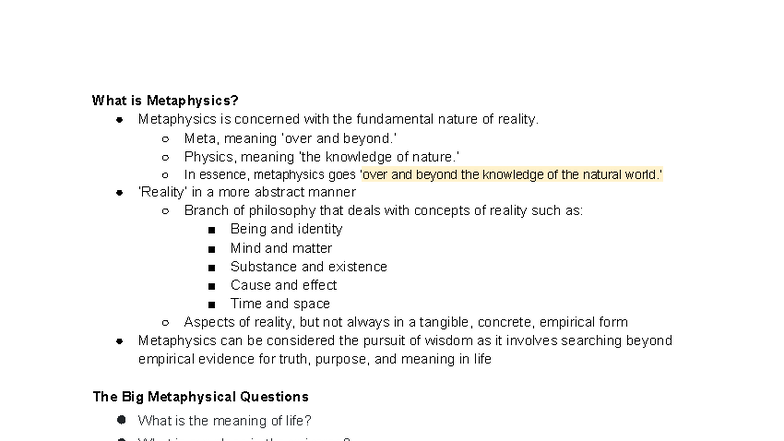 2.1 Metaphysics: Exploring the Nature of Reality and Existence - Studocu