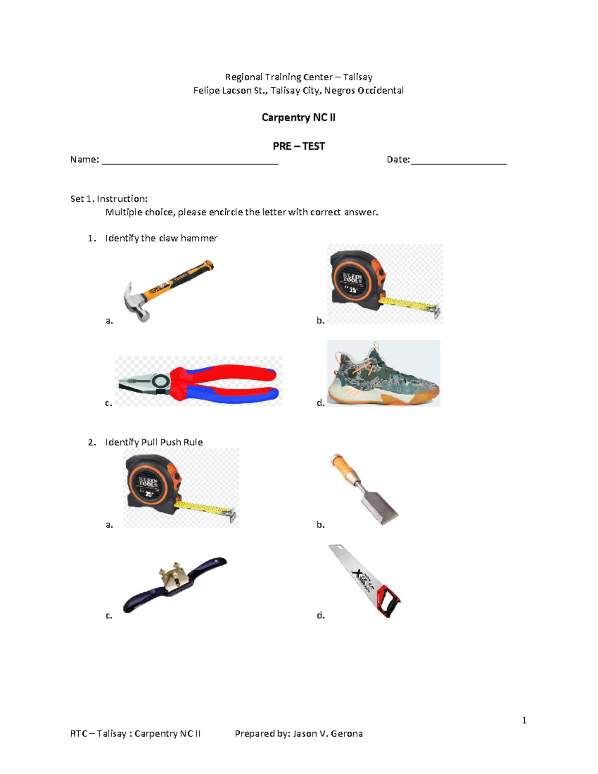 Carpentry NC II Pre-Test: Essential Tools & Safety Procedures - Studocu