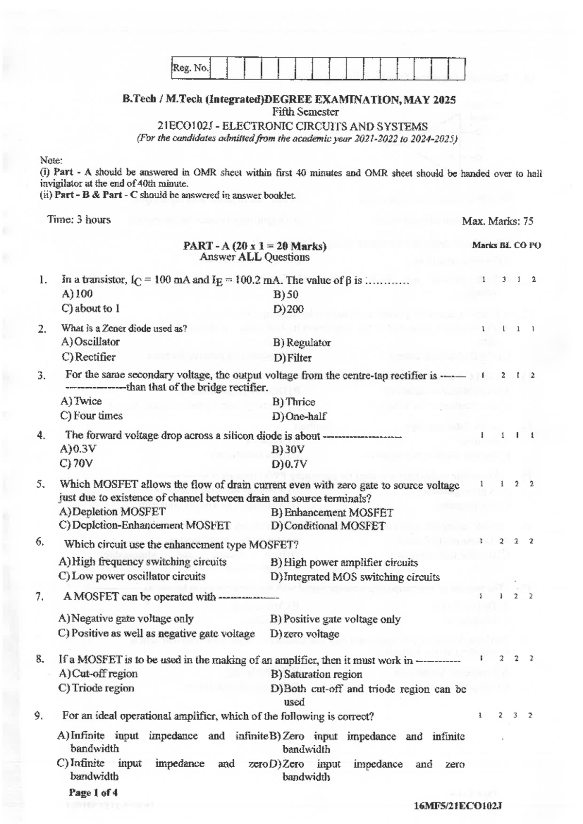 21ECO102J M.Tech Final Exam: Electronic Circuits & Systems May 2025 ...