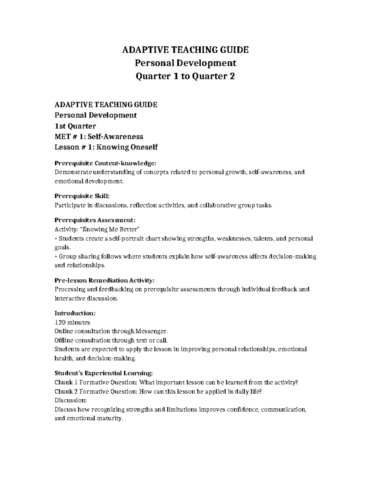 ADAPTIVE TEACHING GUIDE Personal Development Q1-Q2 Overview and Lessons ...