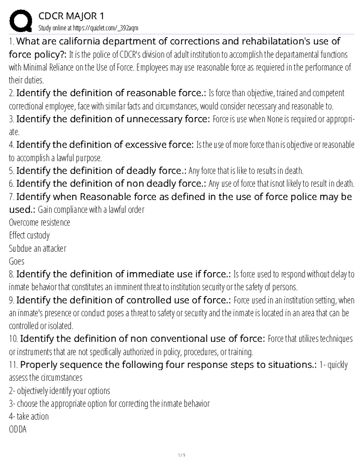 CDCR MAJOR 1 Use of Force Policy and Definitions Study Guide - Studocu