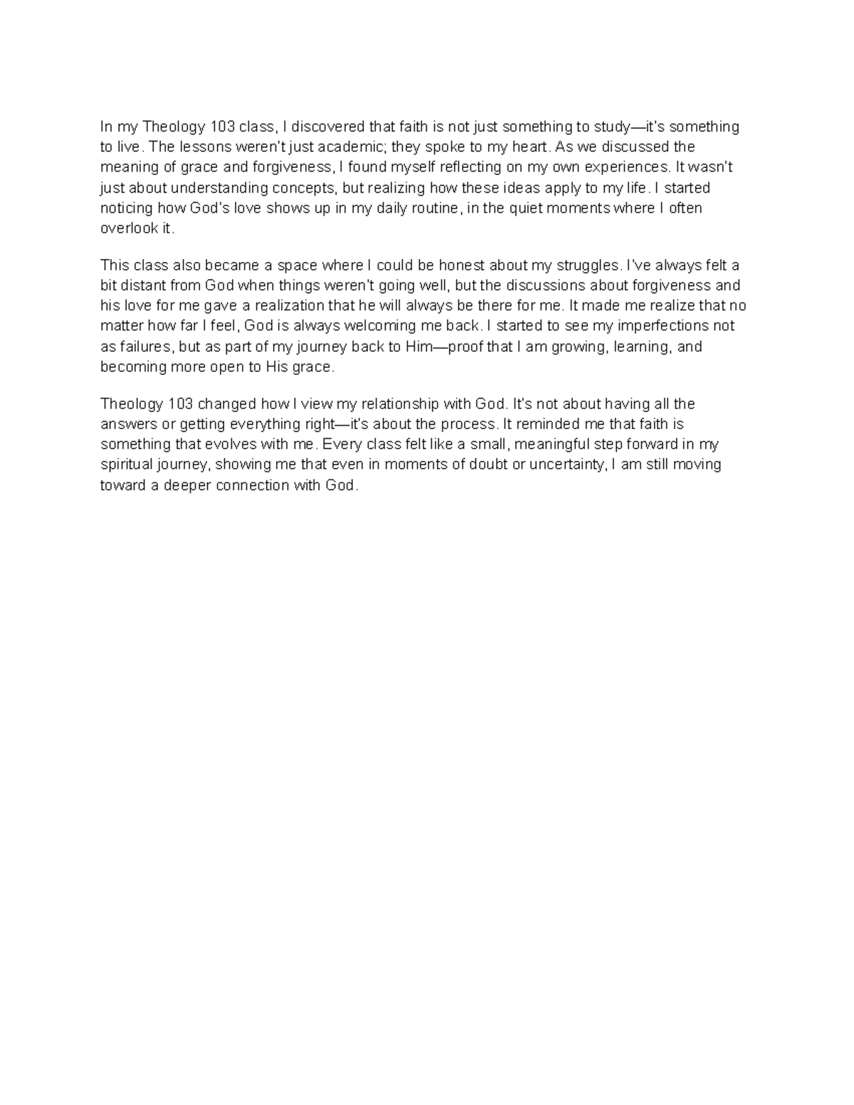 Theology 103: Reflections on Faith, Grace, and Personal Growth - Studocu