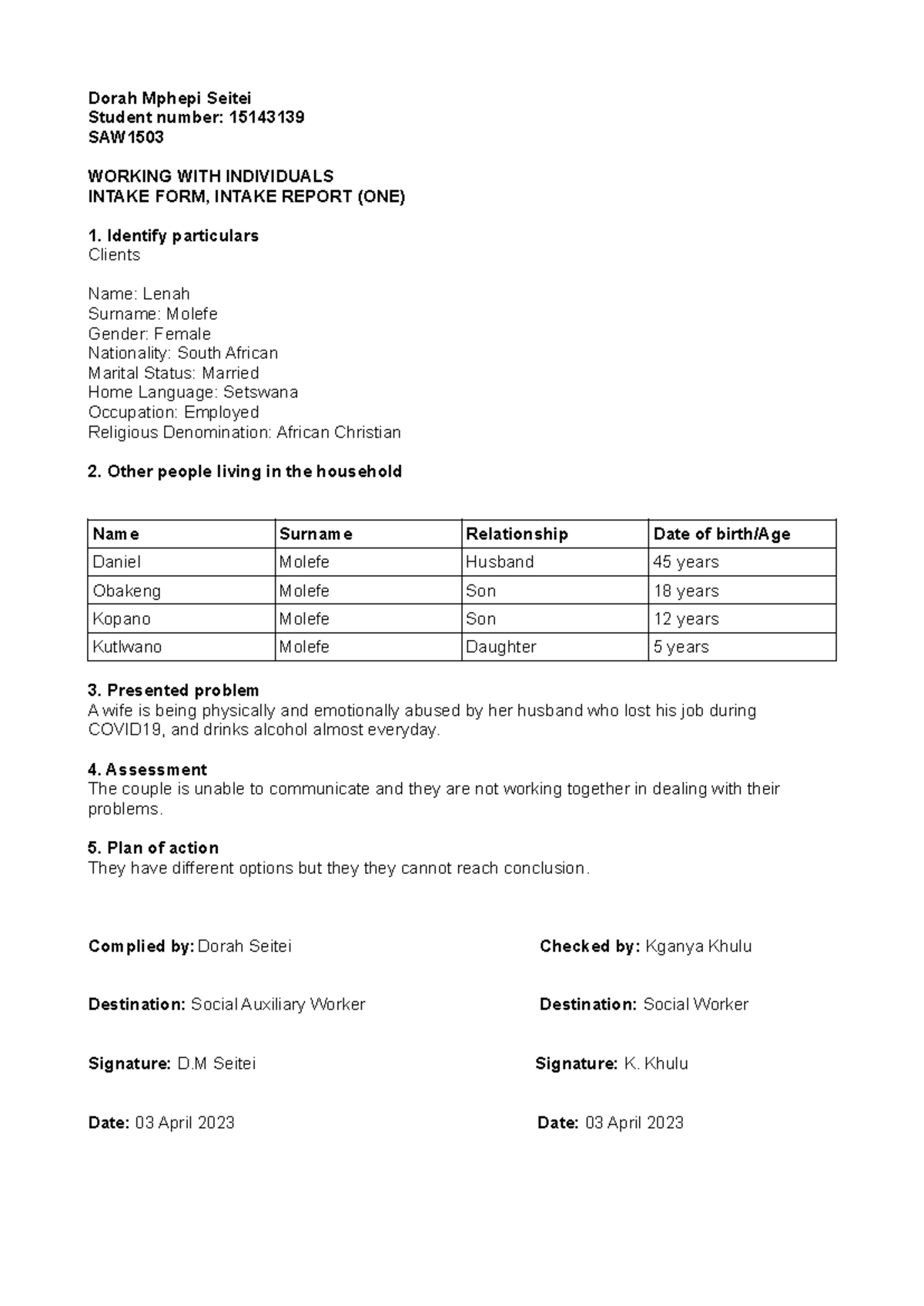SAW 15143139 Intake Report: Case Study of Lenah Molefe - Studocu