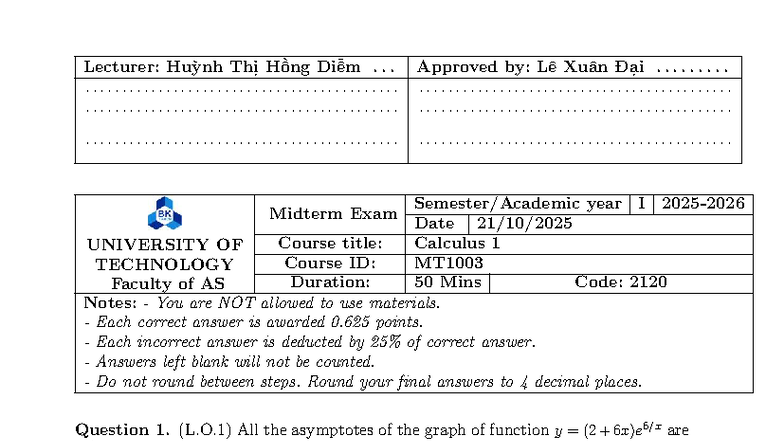 Midterm Exam Answers for Calculus 1 (MT1003) - Code 2120-2123 - Studocu