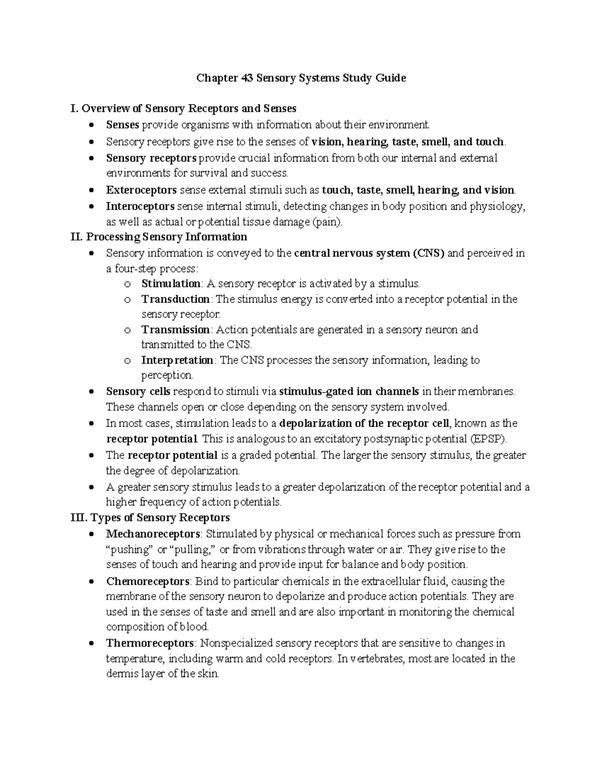 Chapter 43 Sensory Systems Study Guide: Key Functions & Mechanisms ...