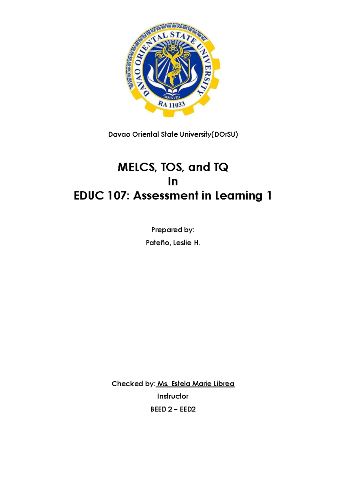 EDUC 107: MELCS, TOS, and TQ for Assessment in Learning 1 - Studocu