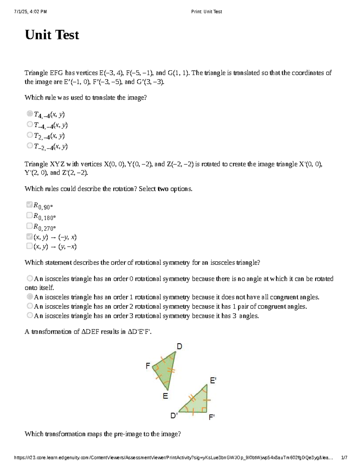 Transformations and Symmetries Unit Test (Math 101) - Studocu