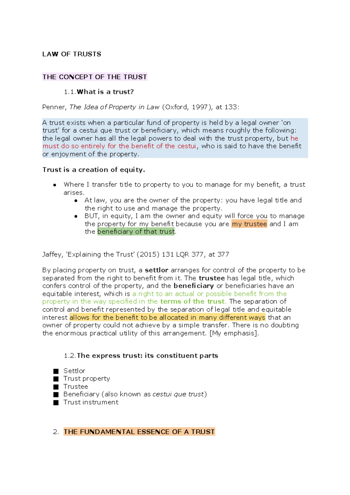 Law of Trusts - Lecture 1: Three Certainties in Trust Validity - Studocu