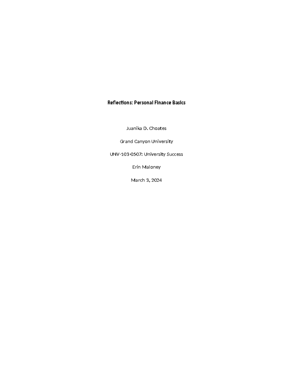 UNV-103-0507: Excel Budget Assignment Reflections on Personal Finance ...