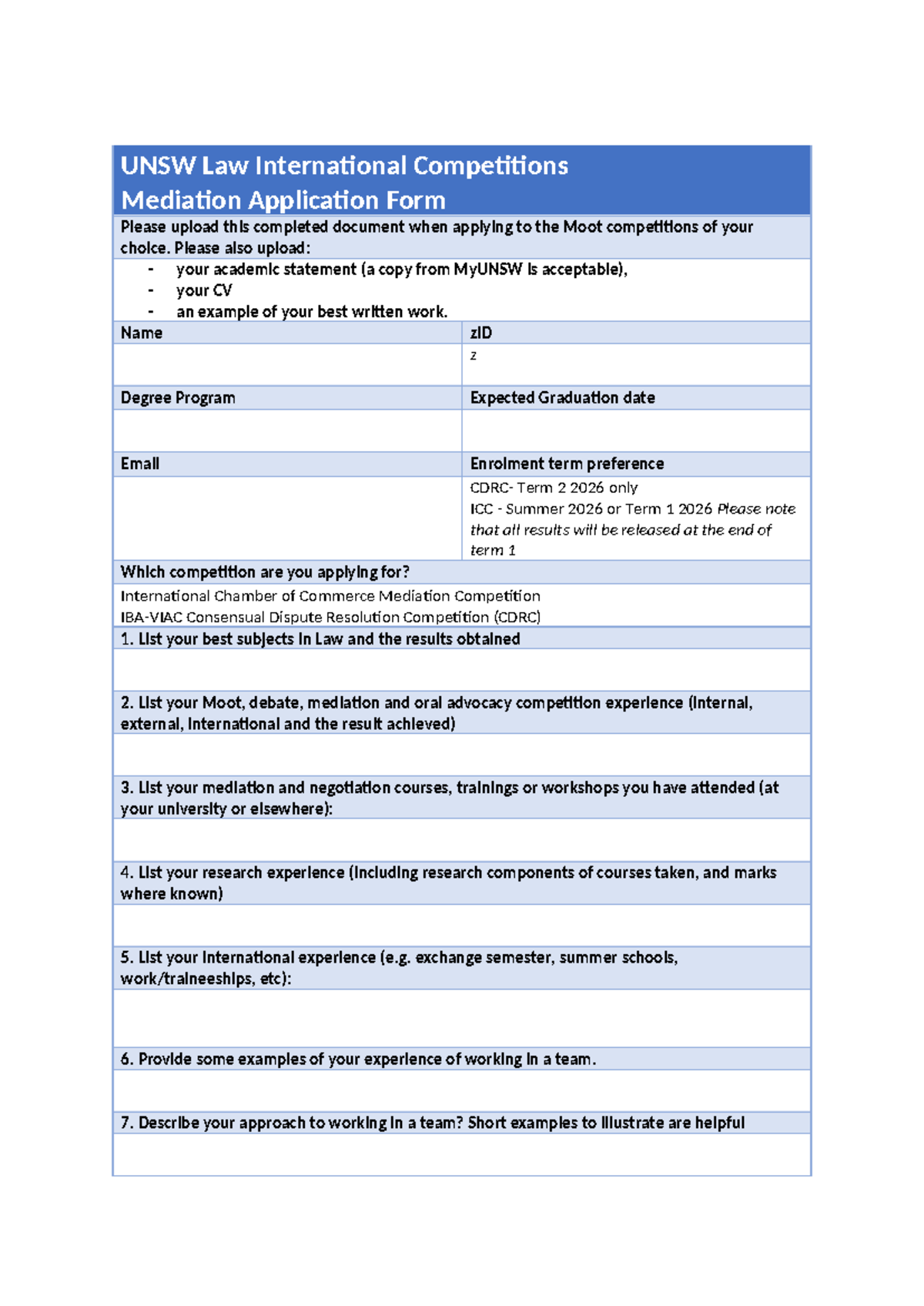 UNSW Law Mediation Competition Application Form 2025-2026 - Studocu