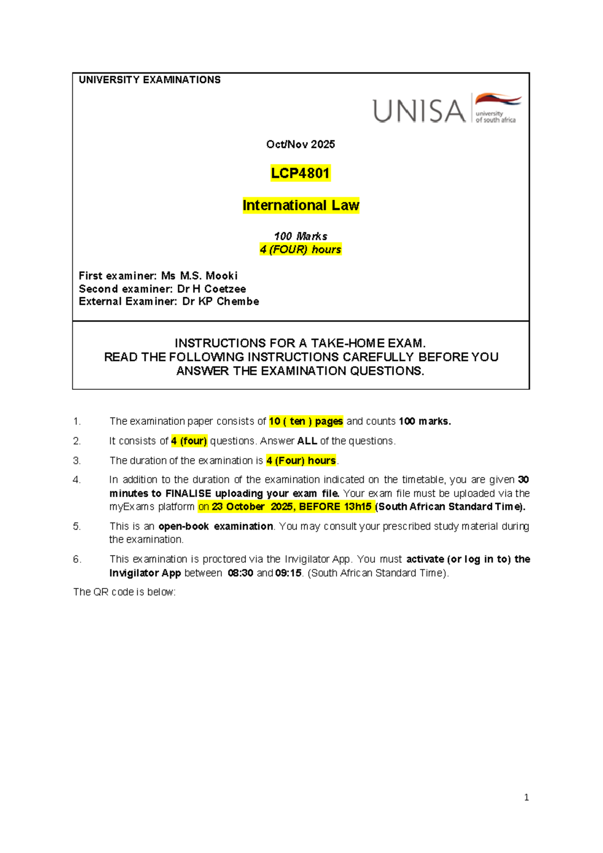 LCP4801 International Law Exam Instructions & Questions - 2025 - Studocu