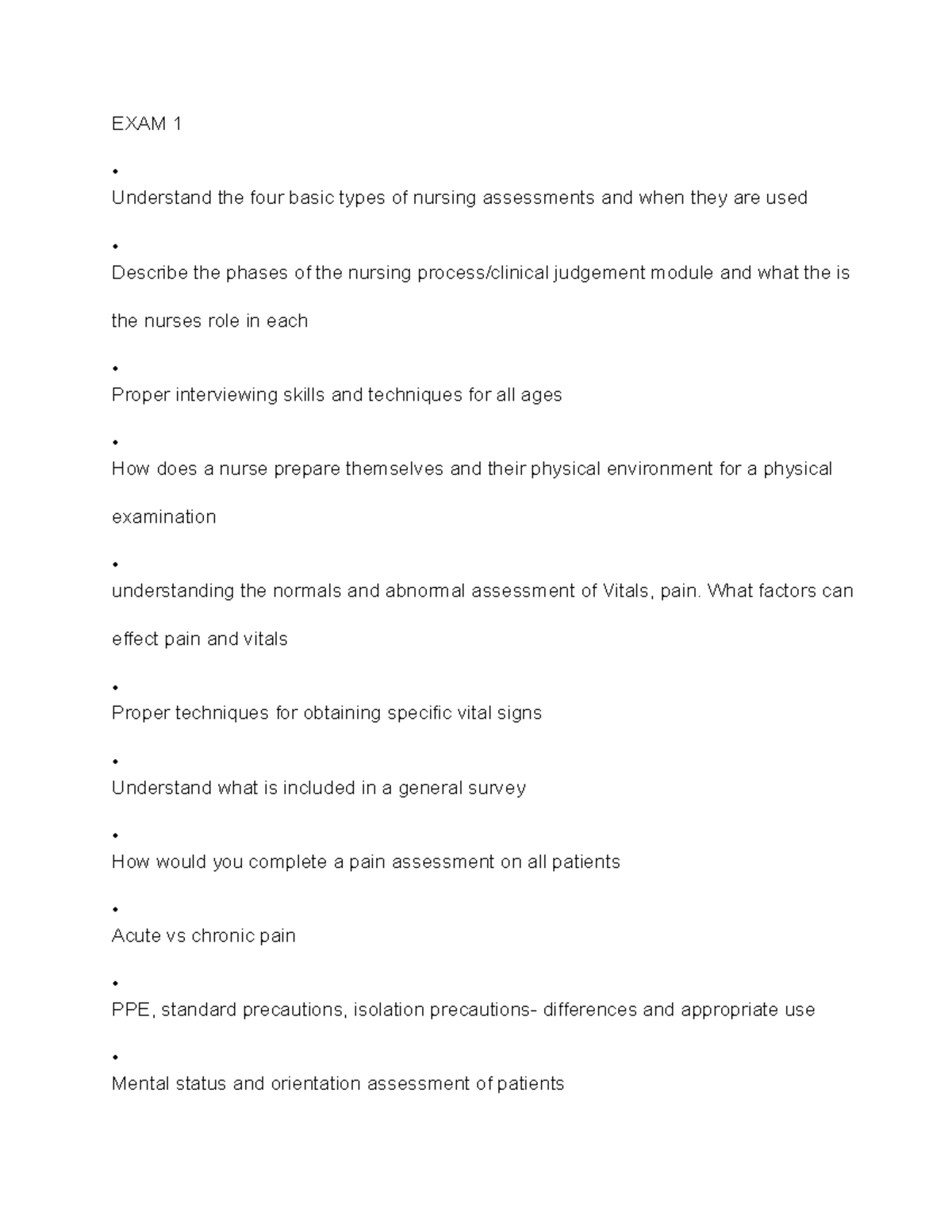 NUR 101 Exam 1 Study Guide: Nursing Assessments & Techniques - Studocu