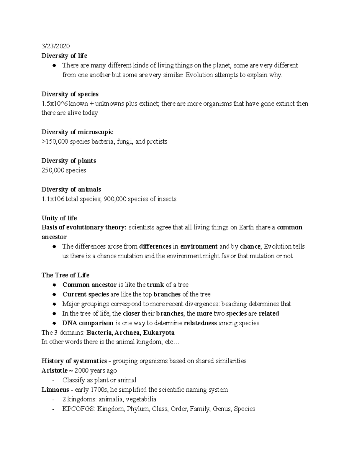 Bio 120 - Week 8 - Biology 120 - Week 8 lecture notes - 3/23/ Diversity ...