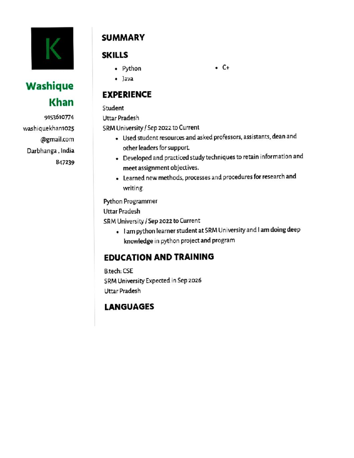 B.Tech CSE Student Profile & Skills Summary - SRM University - Studocu