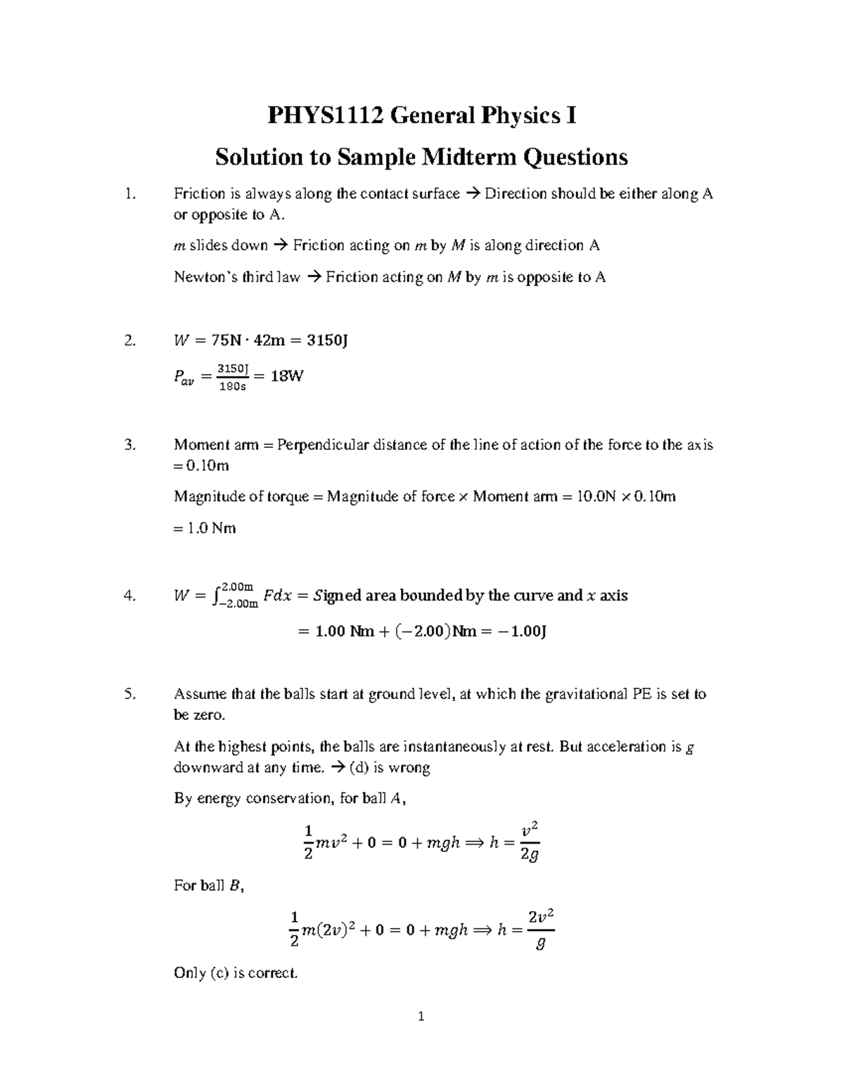 PHYS1112 Midterm Exam 2017: Sample Questions and Solutions - Studocu