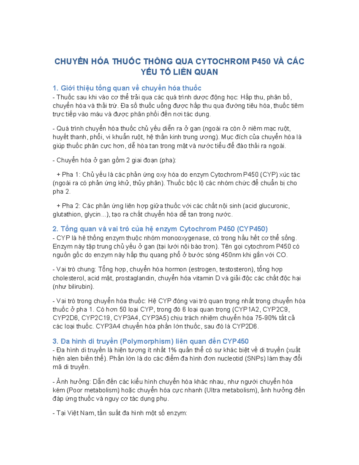Chuyển Hóa Thuốc Qua Cytochrom P450 - Lecture Note - Studocu