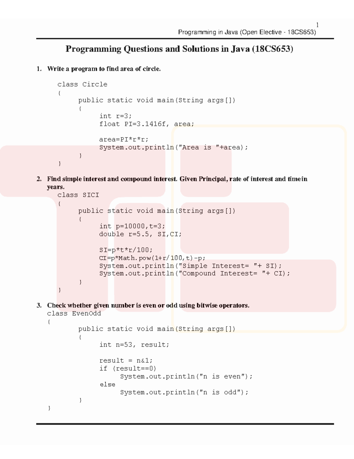 Programming Questions & Solutions in Java (Open Elective 18CS653) - Studocu