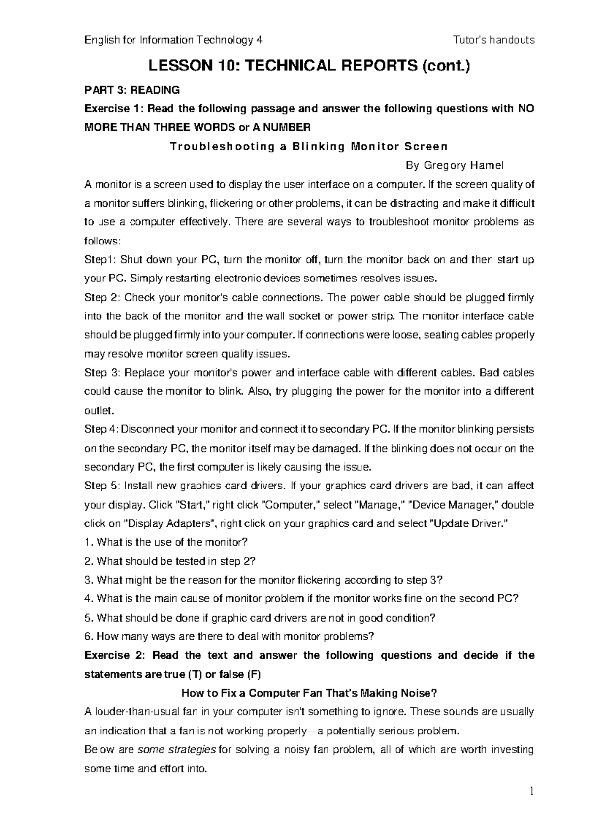 Lesson 10 - Không - LESSON 10: TECHNICAL REPORTS (cont.) PART 3 ...