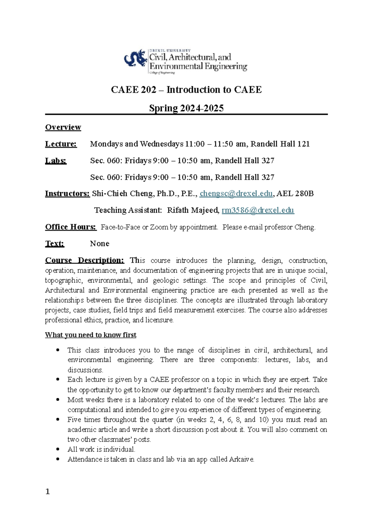 CAEE 202 Introduction to civil, architectural, and environmental ...