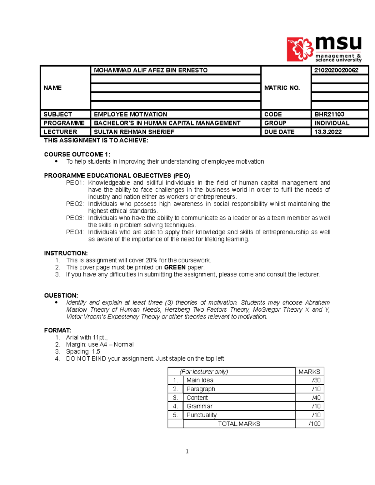 Assignment 1 - BHR21103 Cover Page ALIP - Strategic Management - MSU ...