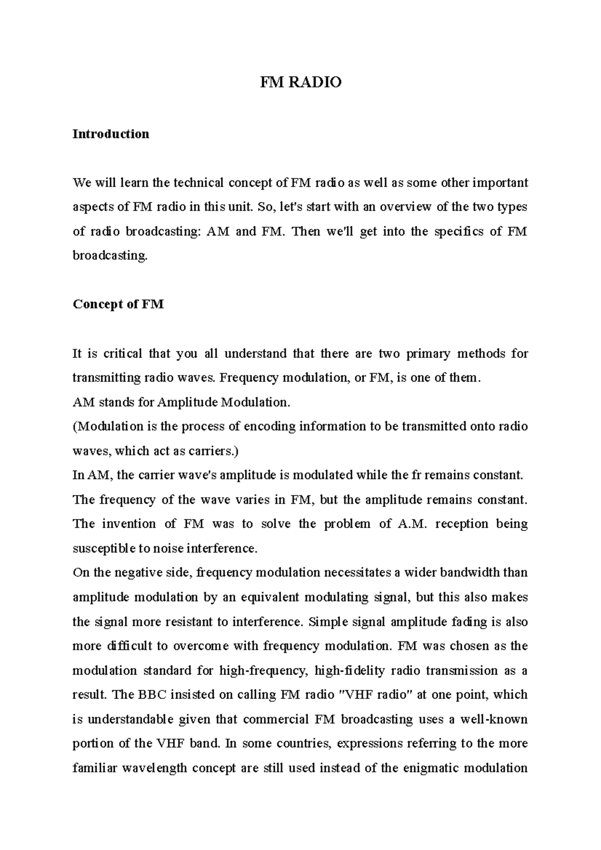 FM Radio - Lecture Notes 6: Overview and Development of FM Broadcasting ...